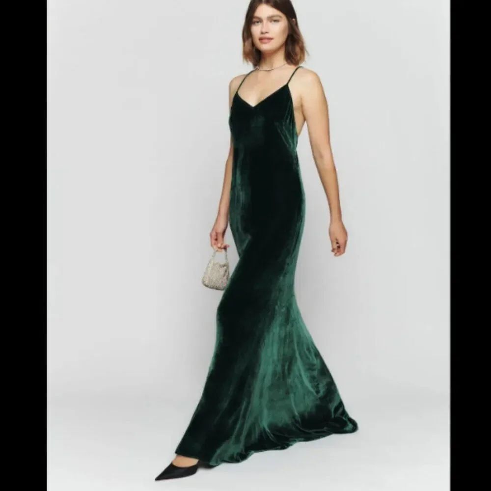 Reformation Rimini Velvet Dress Forest Dark Green Gown Maxi